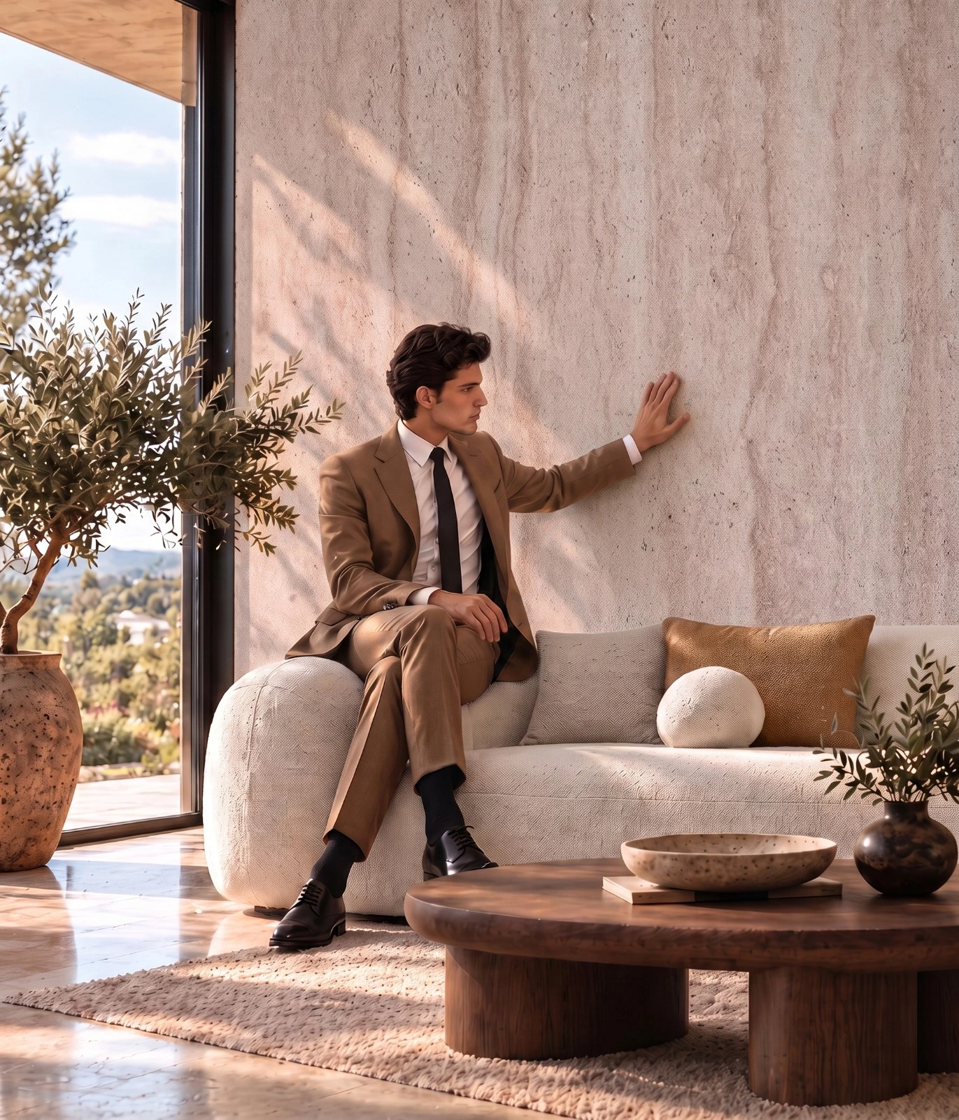 Artstone | Bir iç mekânda Sillyon Travertine dekoratif duvar panelini inceleyen kişi
