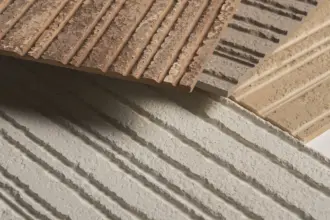Artstone | Volkorn mineral-based wall panel samples with ribbed raw stone texture in neutral and earthy tones